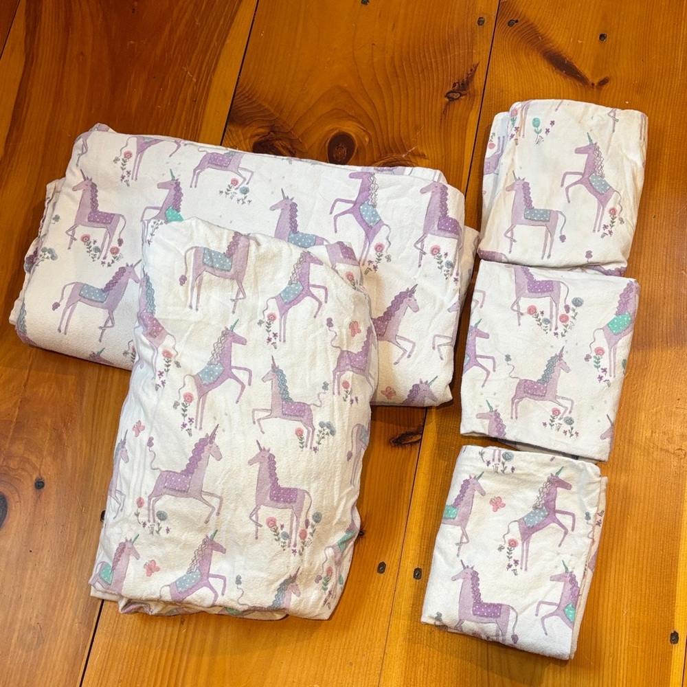 Pottery Barn Kids Flannel Unicorn Sheet Set in White, Purple, Teal - full size